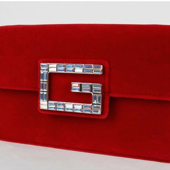 GUCCI Broadway Red Velvet and Leather Crystal Bag, New - Picture 5 of 10